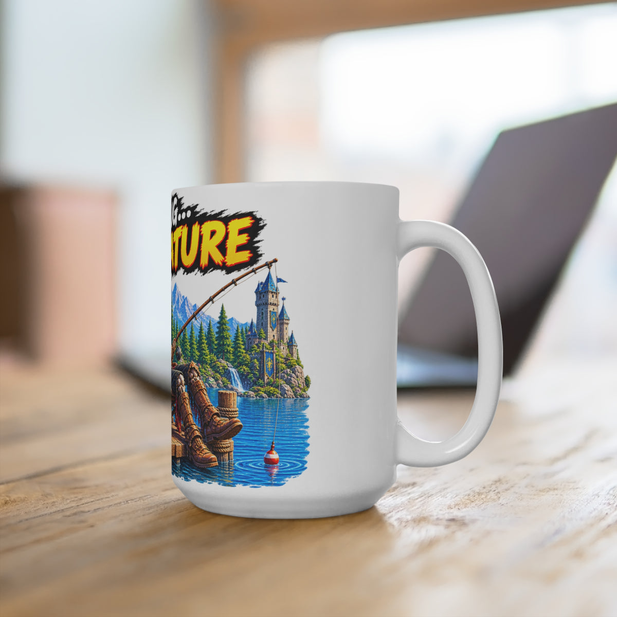 “It’s Not a Bug… It’s a Feature” Fishing Mug — Funny Gamer Skeleton Coffee Cup (15 oz)