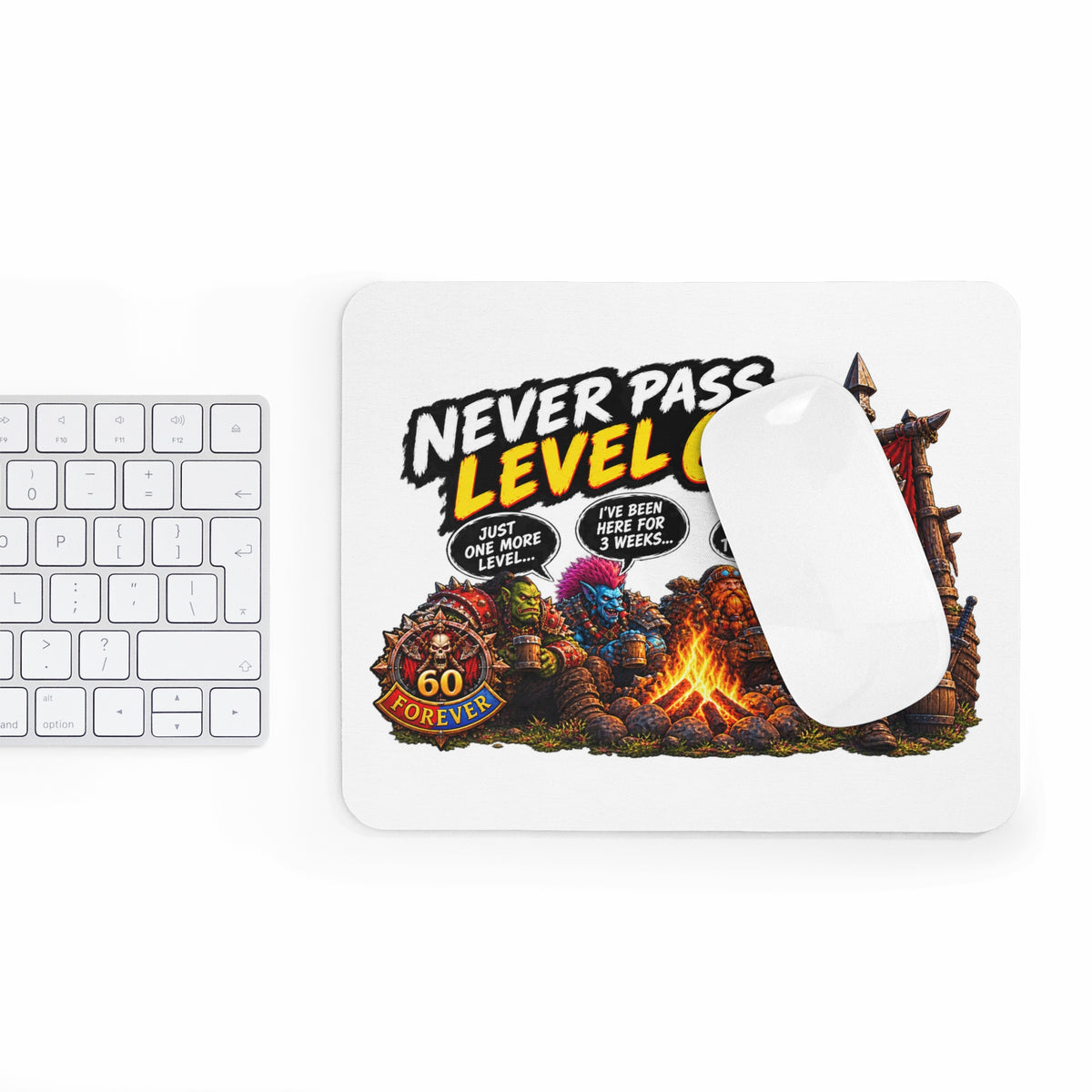 Never Pass Level 60 Mouse Pad — Retro MMO Gamer Campfire Design
