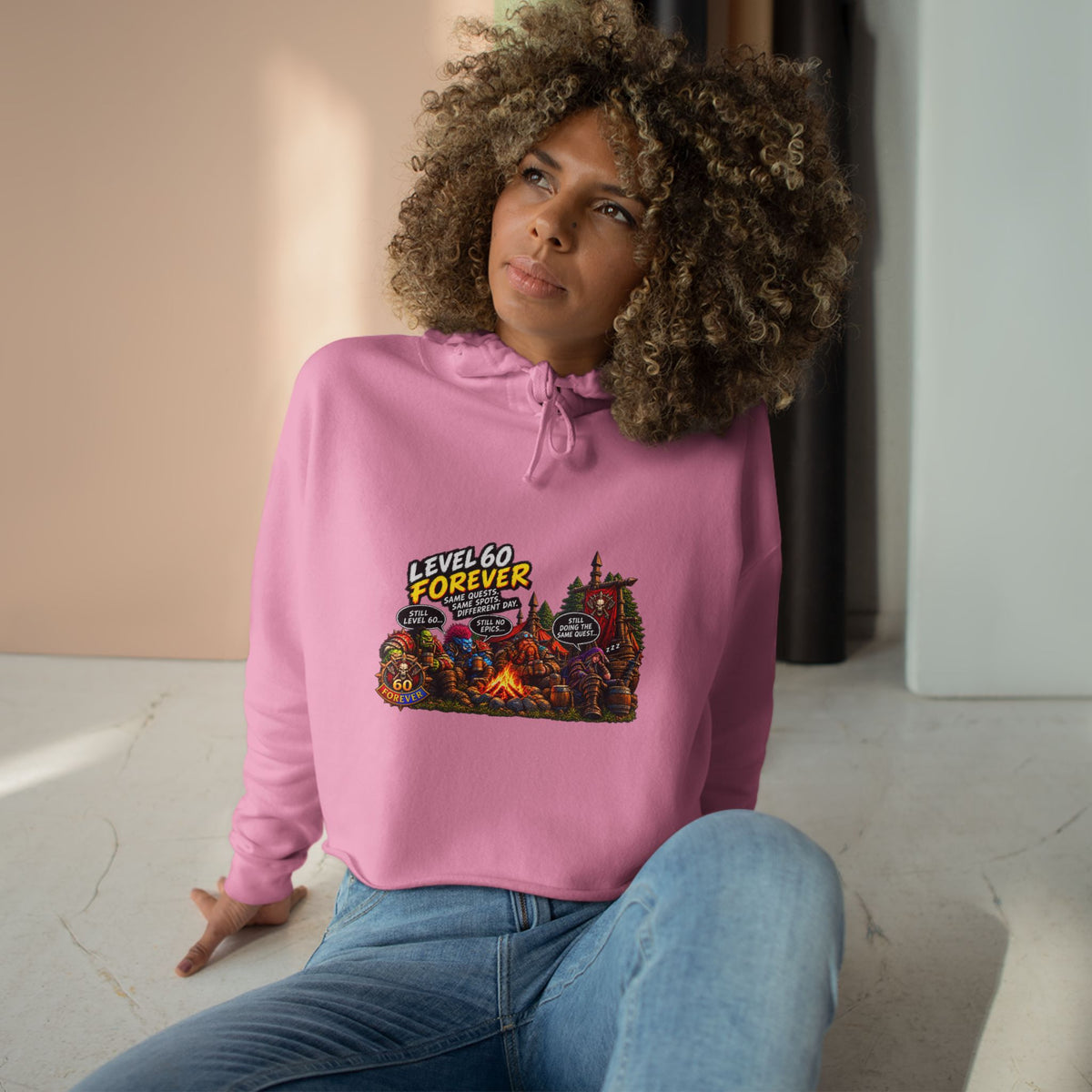 Gaming Camp Crop Hoodie — "Level 60 Forever" Retro RPG Graphic