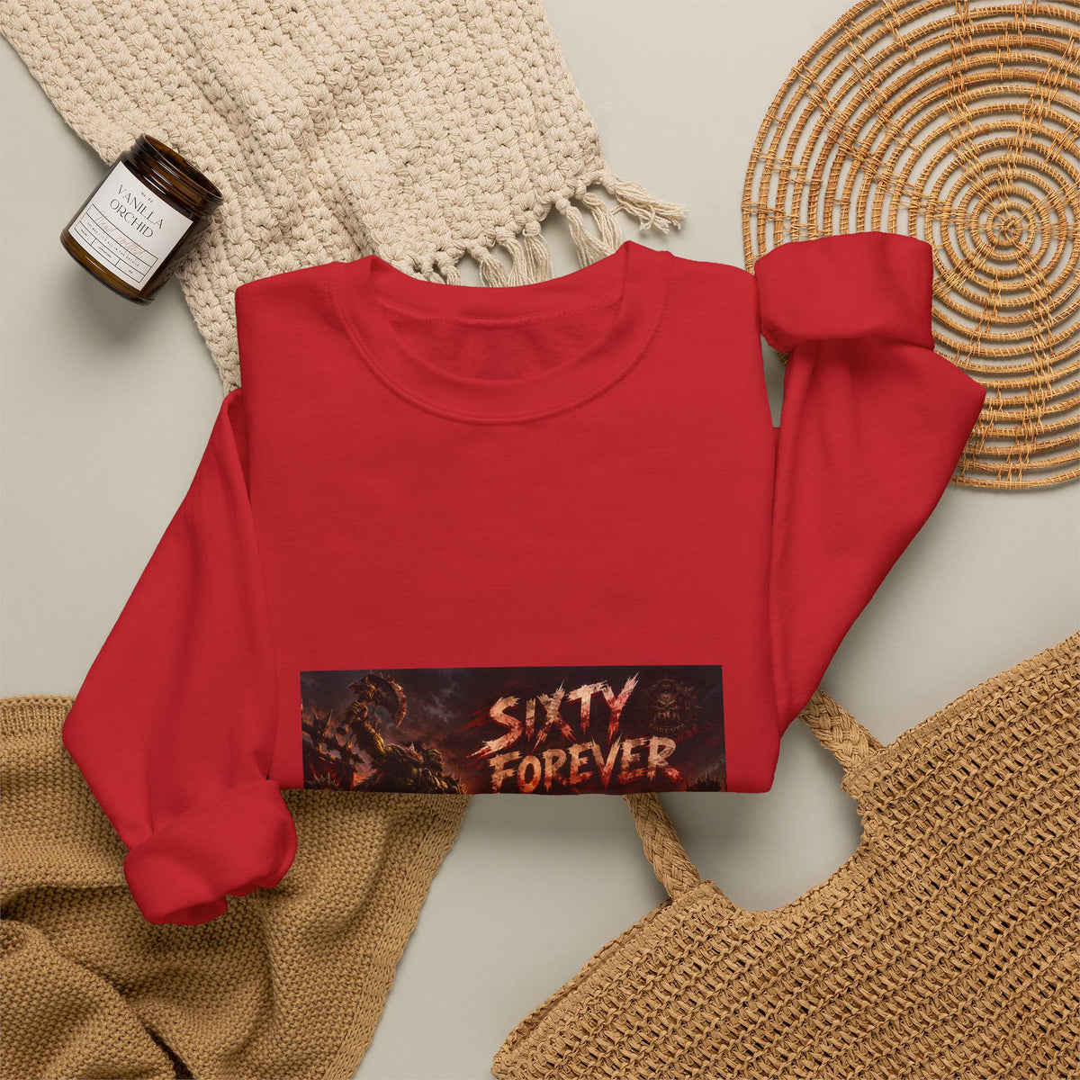 Sixty Forever Crewneck Sweatshirt — Gothic Fire Graphic Sweatshirt