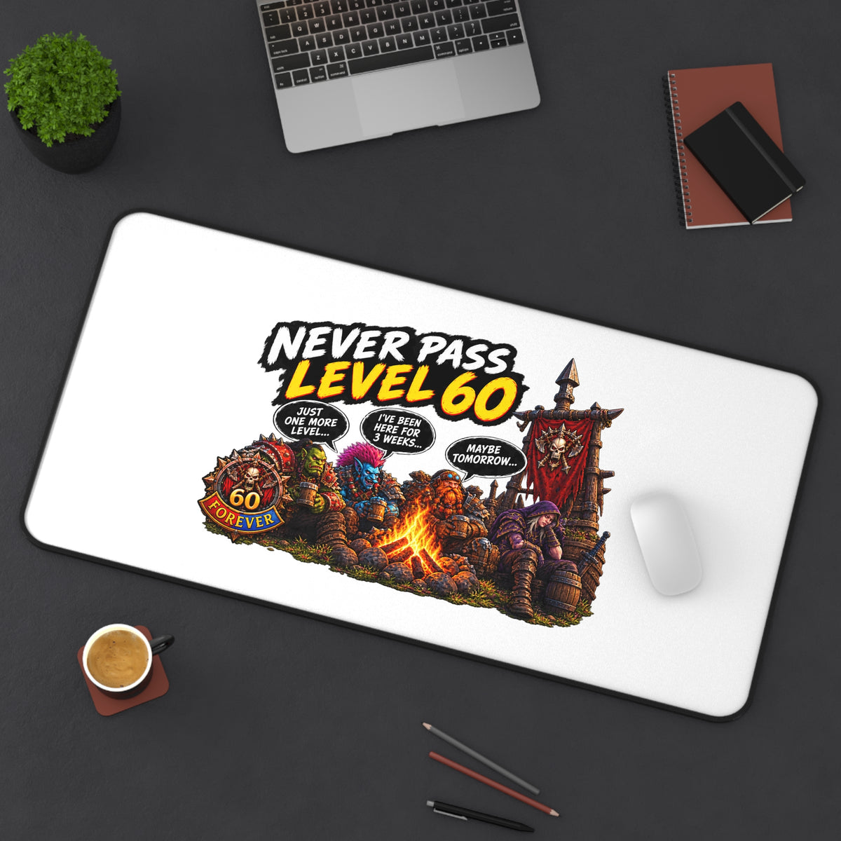 Never Pass Level 60 Desk Mat — Retro RPG Campfire Gaming Mousepad