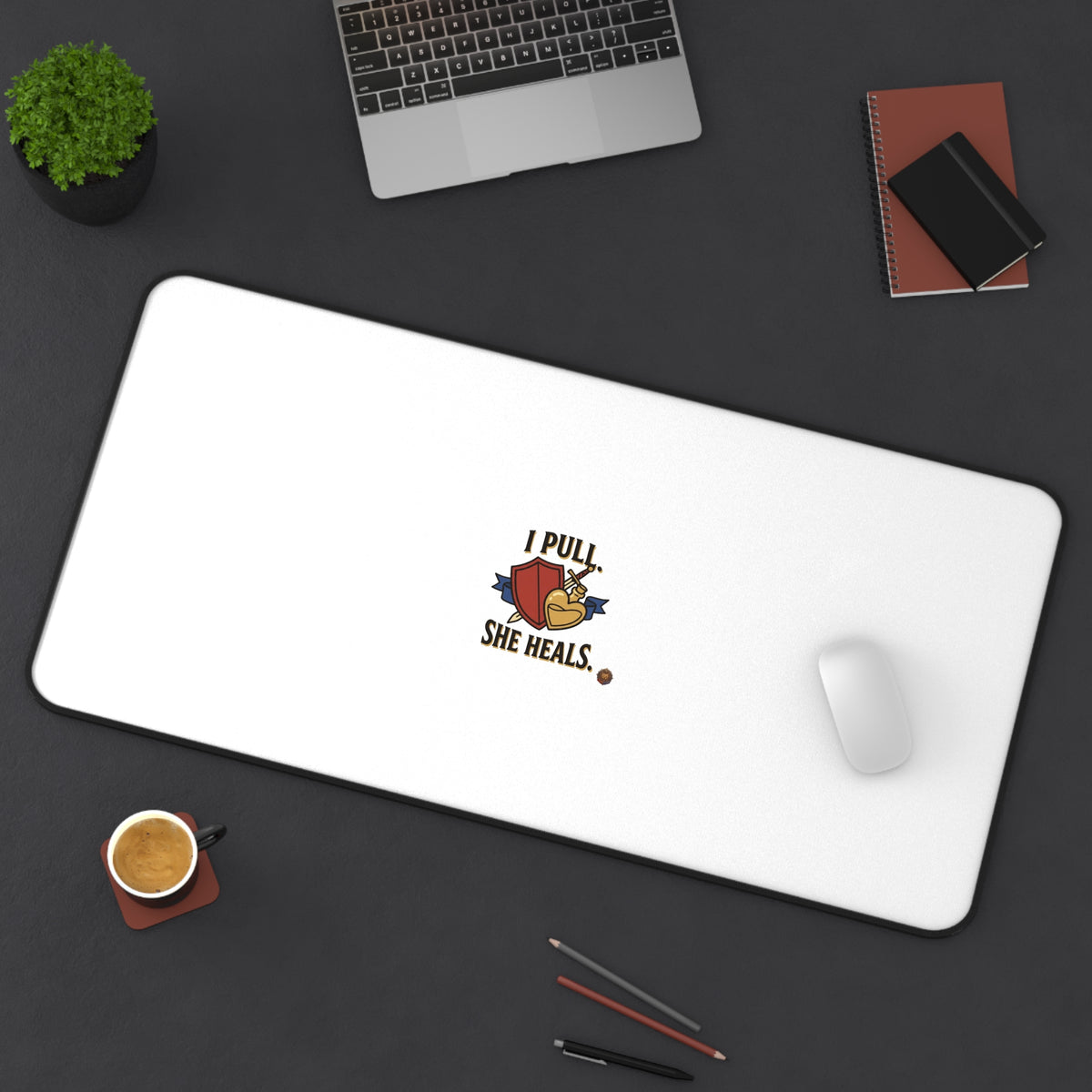 Desk Mat — "I Pull, She Heals" Cute Couple Massage Therapy Desk Pad