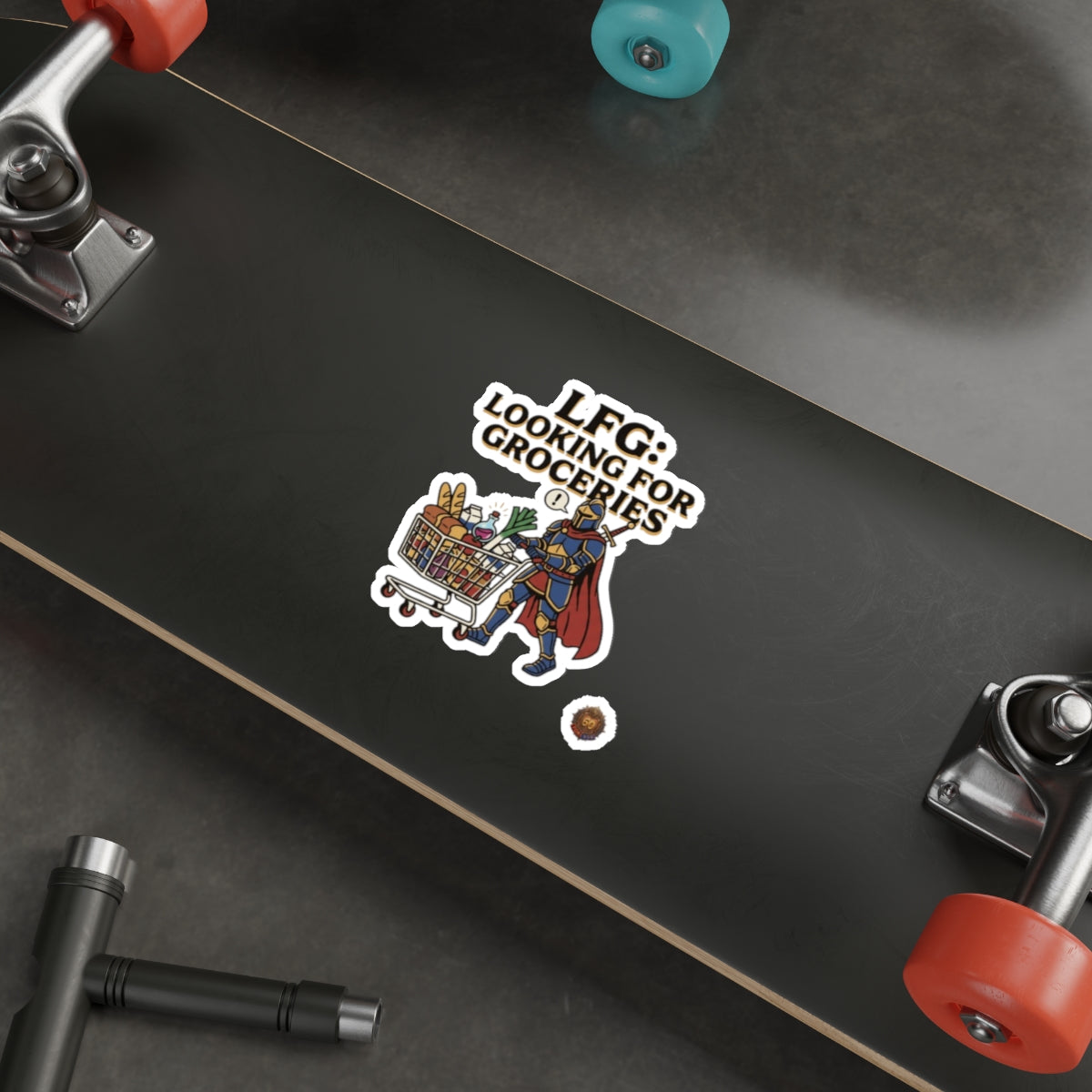 Die-Cut Sticker — "LFG: Looking For Groceries" Knight Pushing Shopping Cart