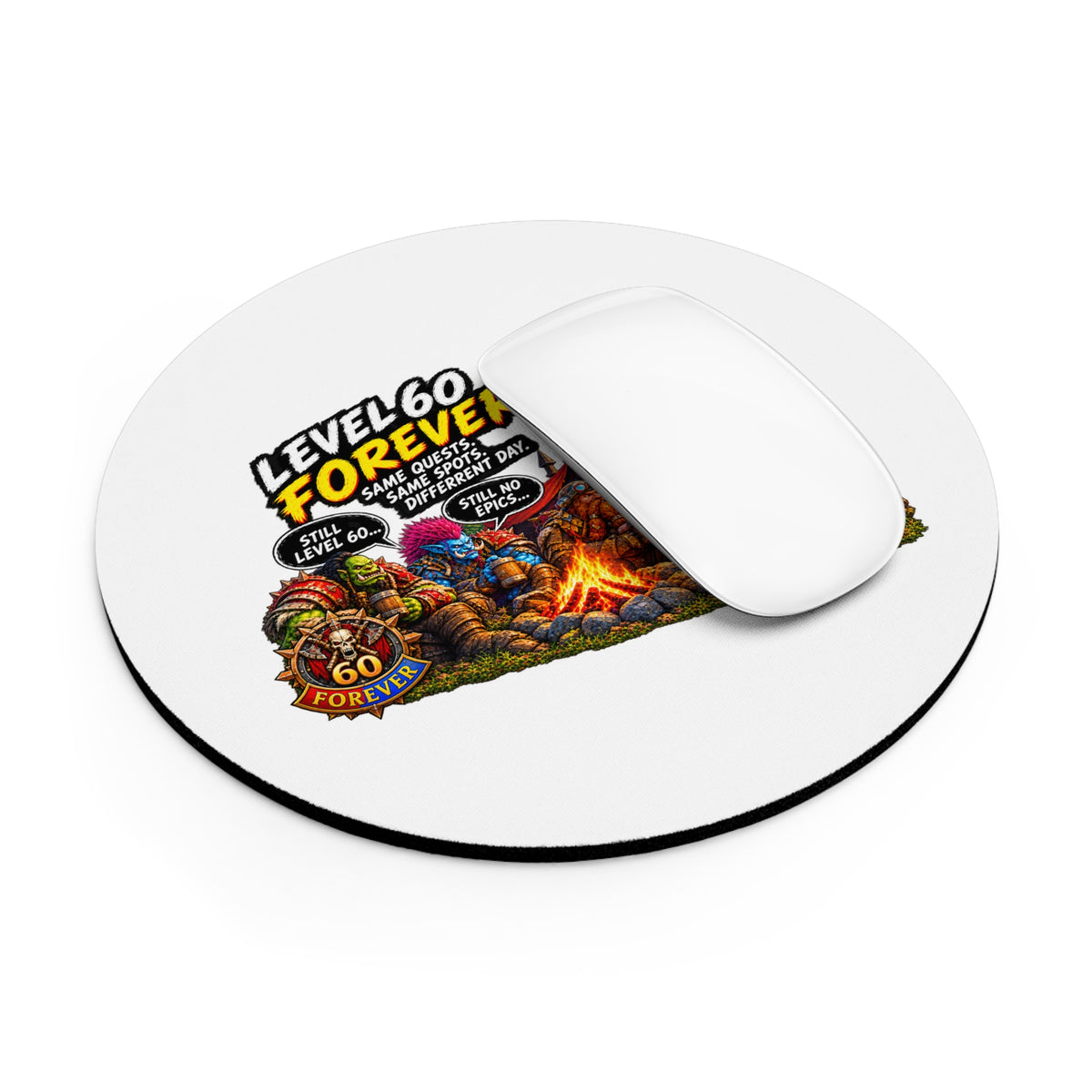 Level 60 Forever Gaming Mouse Pad — Retro RPG Campfire Design