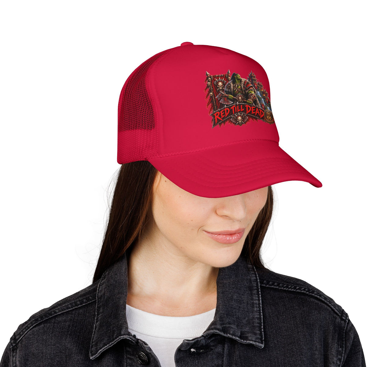 Red Till Dead Trucker Hat — Graphic Foam Mesh Cap for Bikers & Metal Fans