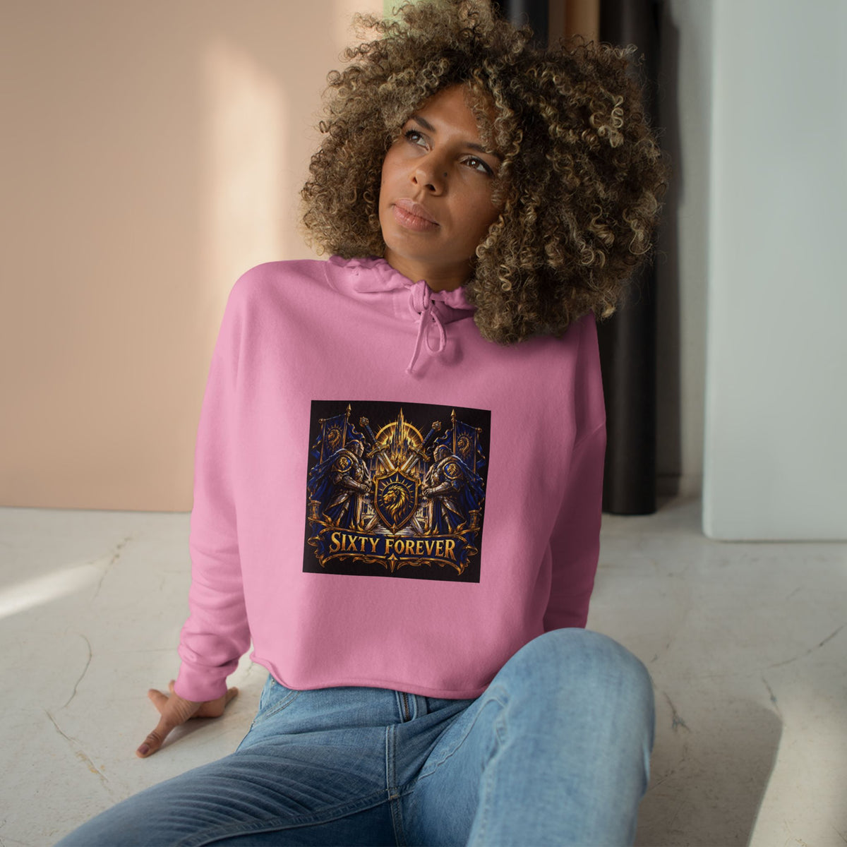 Sixty Forever Cropped Hoodie — Vintage Gothic Crest Graphic