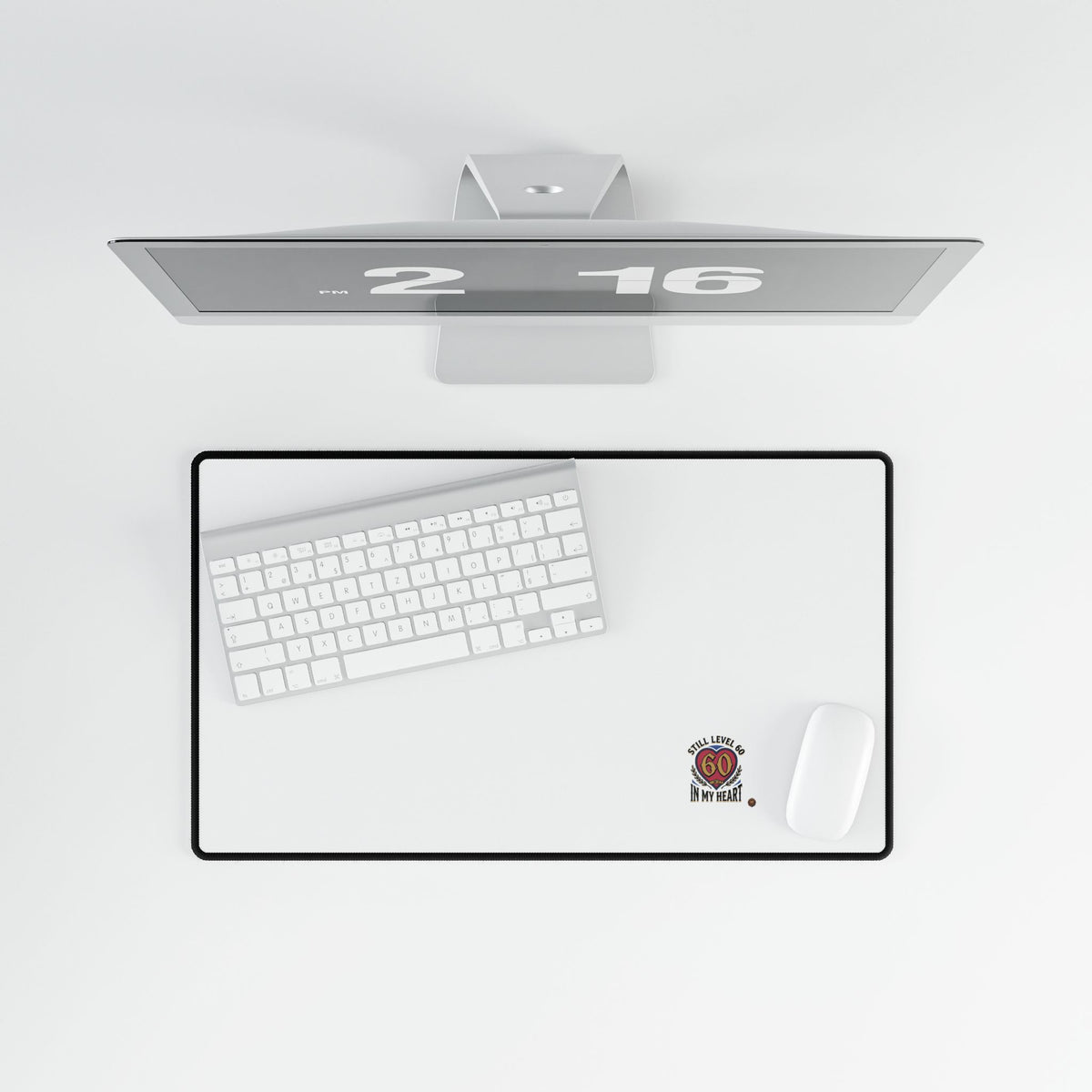 Large Desk Mat — Minimal White Gaming/Office Pad with 'All I Need Is Go In My Heart' Badge