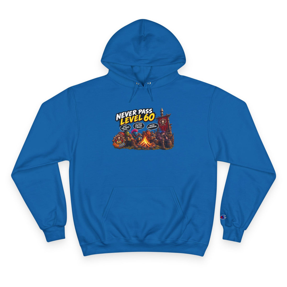 Champion Hoodie - 'Never Pass Level 60' Gamer Campfire Graphic Hoodie