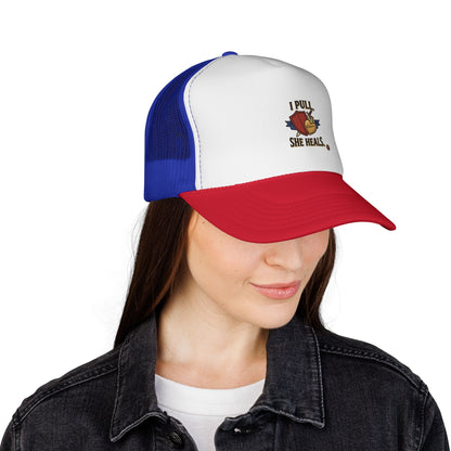 Trucker Hat — "I Pull, She Heals" Weightlifting Barbell Design