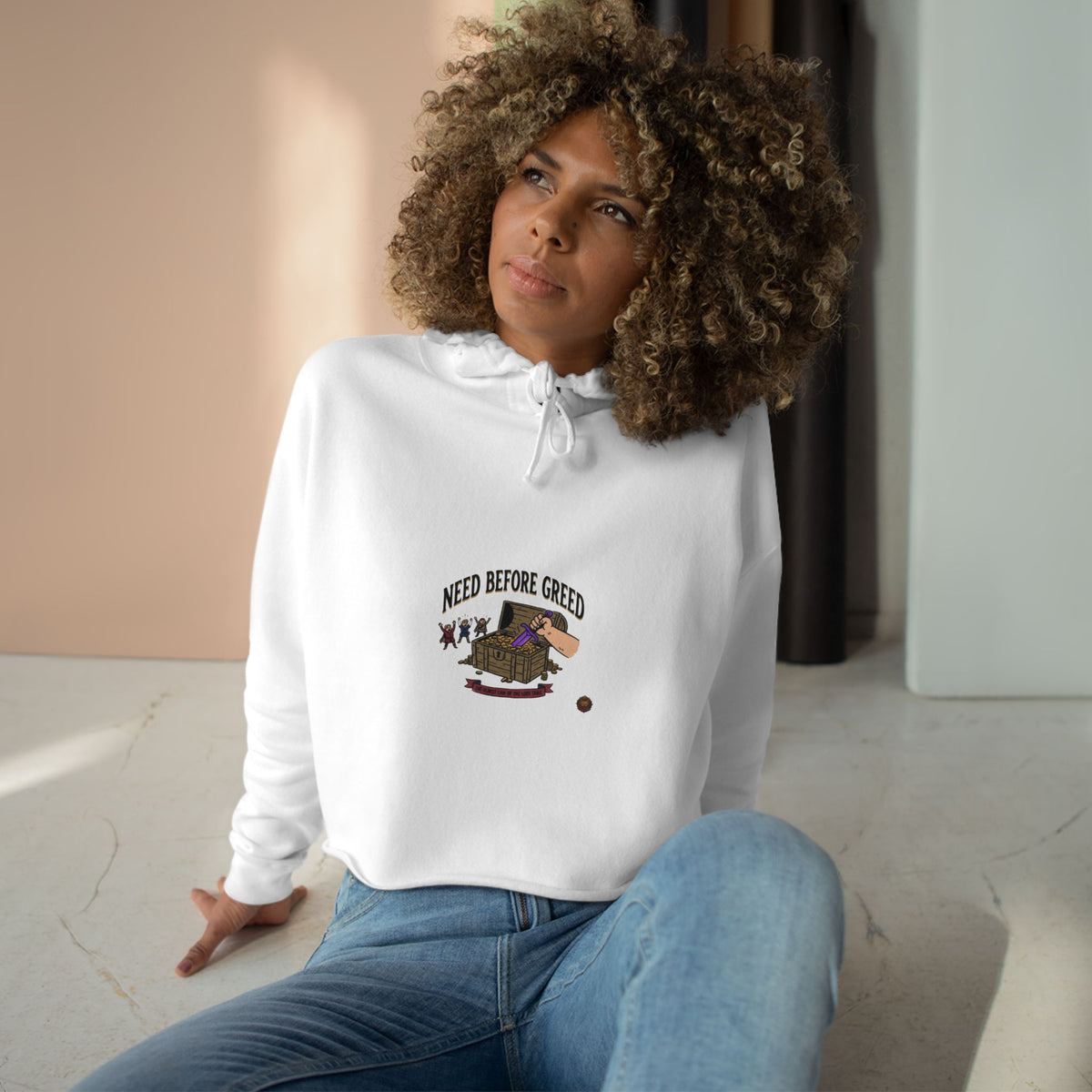 Crop Hoodie — "Need Before Greed" Cozy Graphic Crop Hoodie