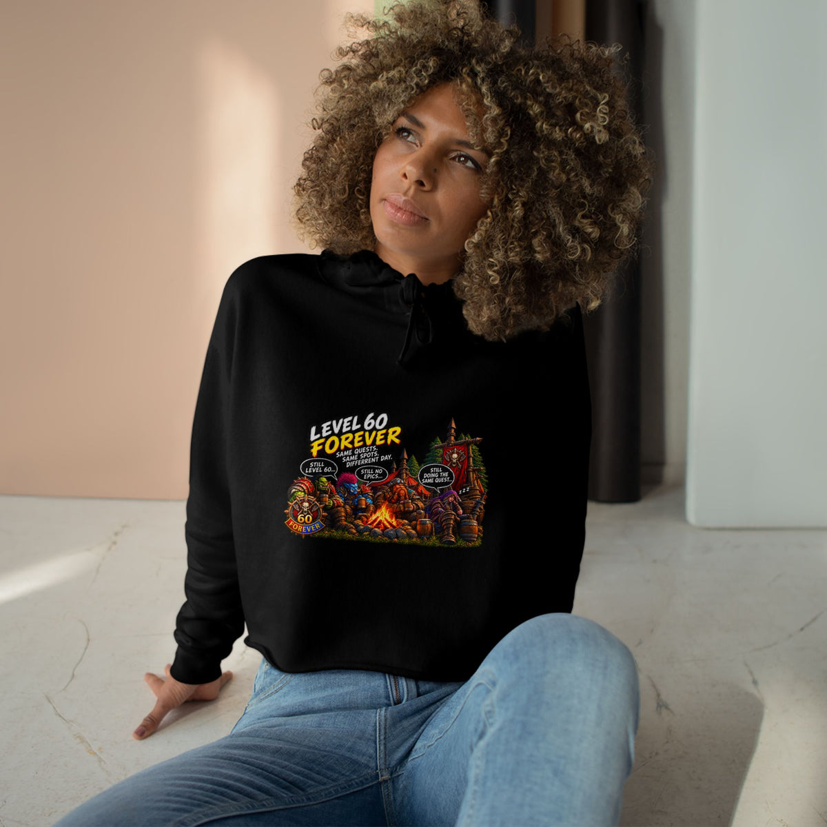 Gaming Camp Crop Hoodie — "Level 60 Forever" Retro RPG Graphic