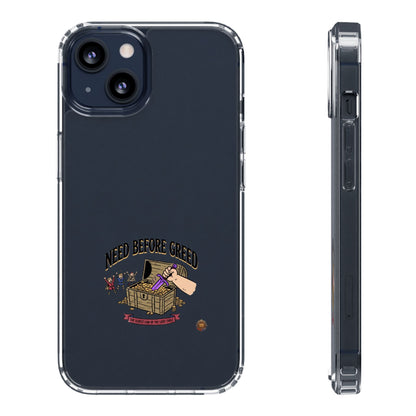 Clear Phone Case — "Need Before Greed" Treasure Chest Design
