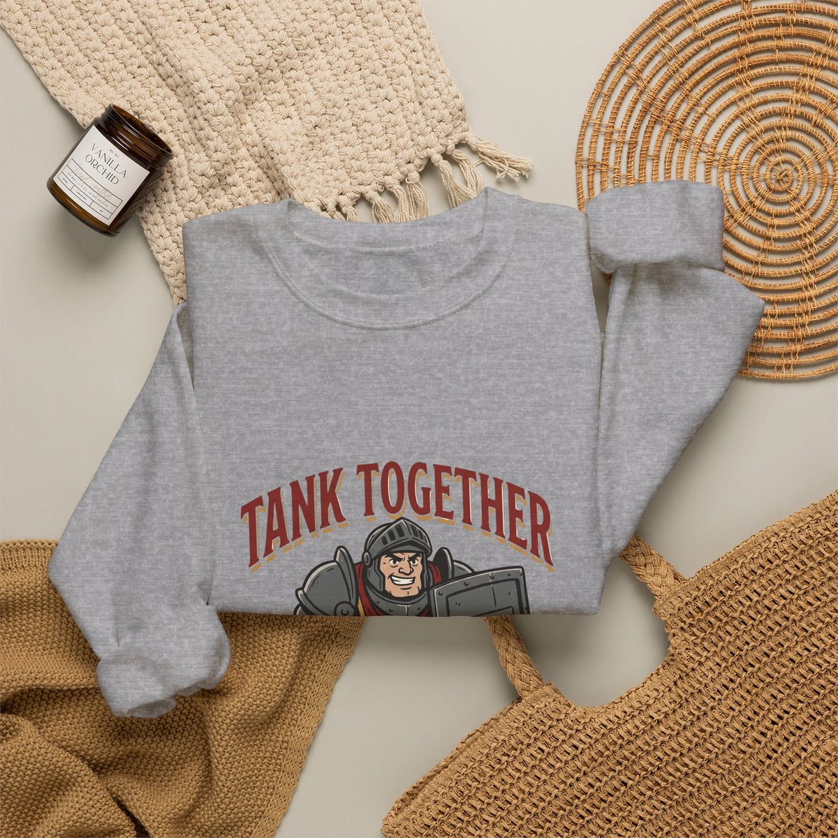 Tank Together Crewneck Sweatshirt — Funny RPG Tank Companion Graphic