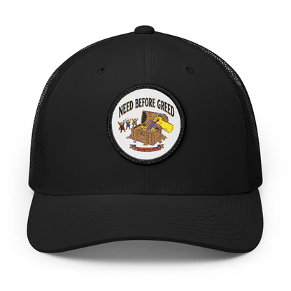Embroidered Trucker Cap — 'Need Before Greed' Patch
