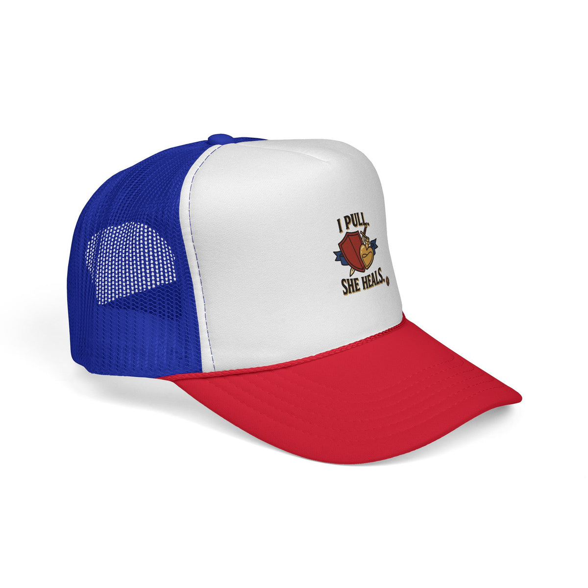 Trucker Hat — "I Pull, She Heals" Weightlifting Barbell Design