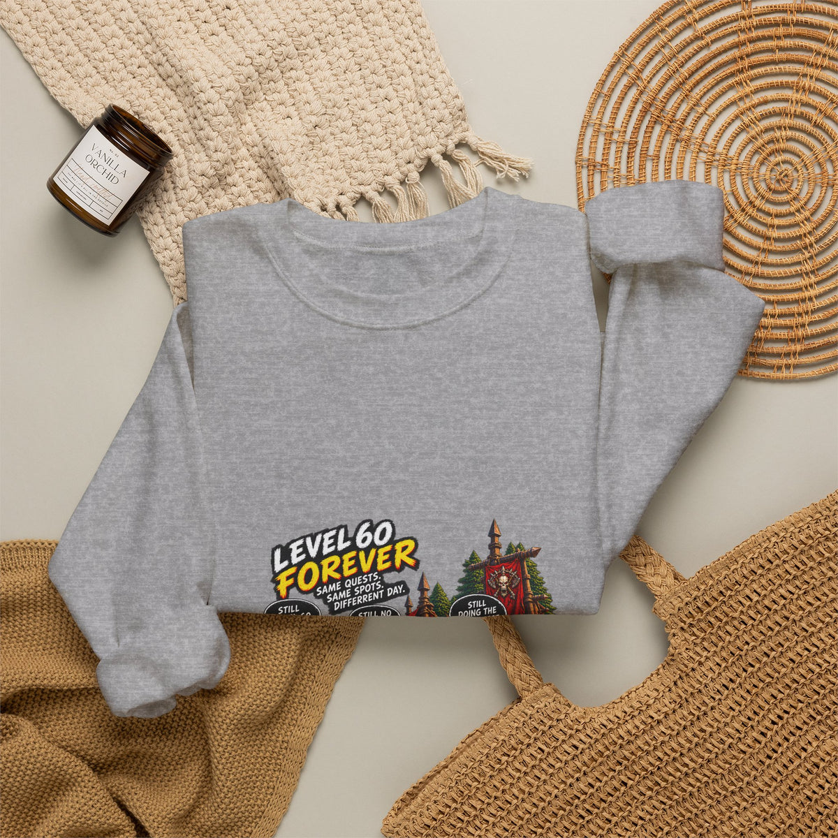 Crewneck Sweatshirt — "Level 60 Forever" Gamer Campfire Design