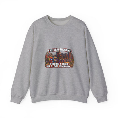 Gaming Crewneck Sweatshirt — "The Real Endgame: Finding a Group for a Level 12 Dungeon"