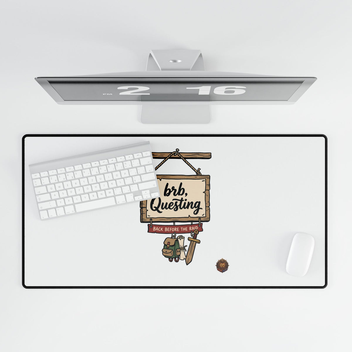 BRB Questing Desk Mat — Gaming Mouse Pad with "brb Questing" Sign Art