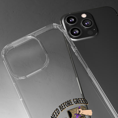 Clear Phone Case — "Need Before Greed" Treasure Chest Design