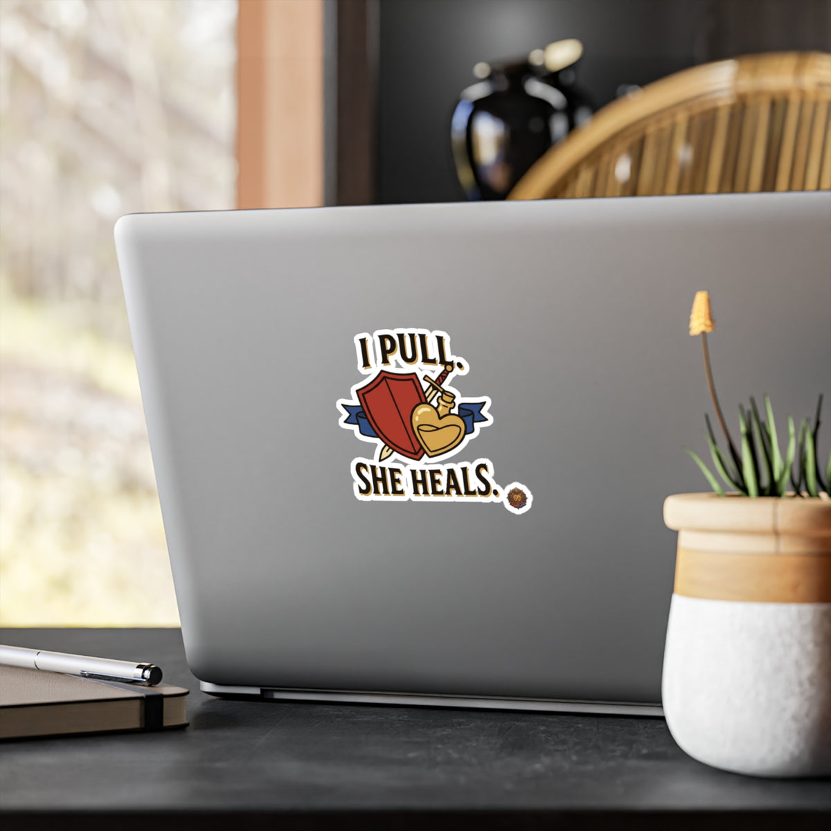 I Pull. She Heals. RPG Healer Sticker — Vinyl Kiss-Cut