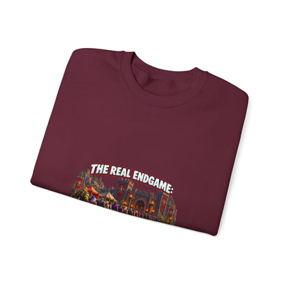 Gaming Crewneck Sweatshirt — "The Real Endgame: Finding a Group for a Level 12 Dungeon"