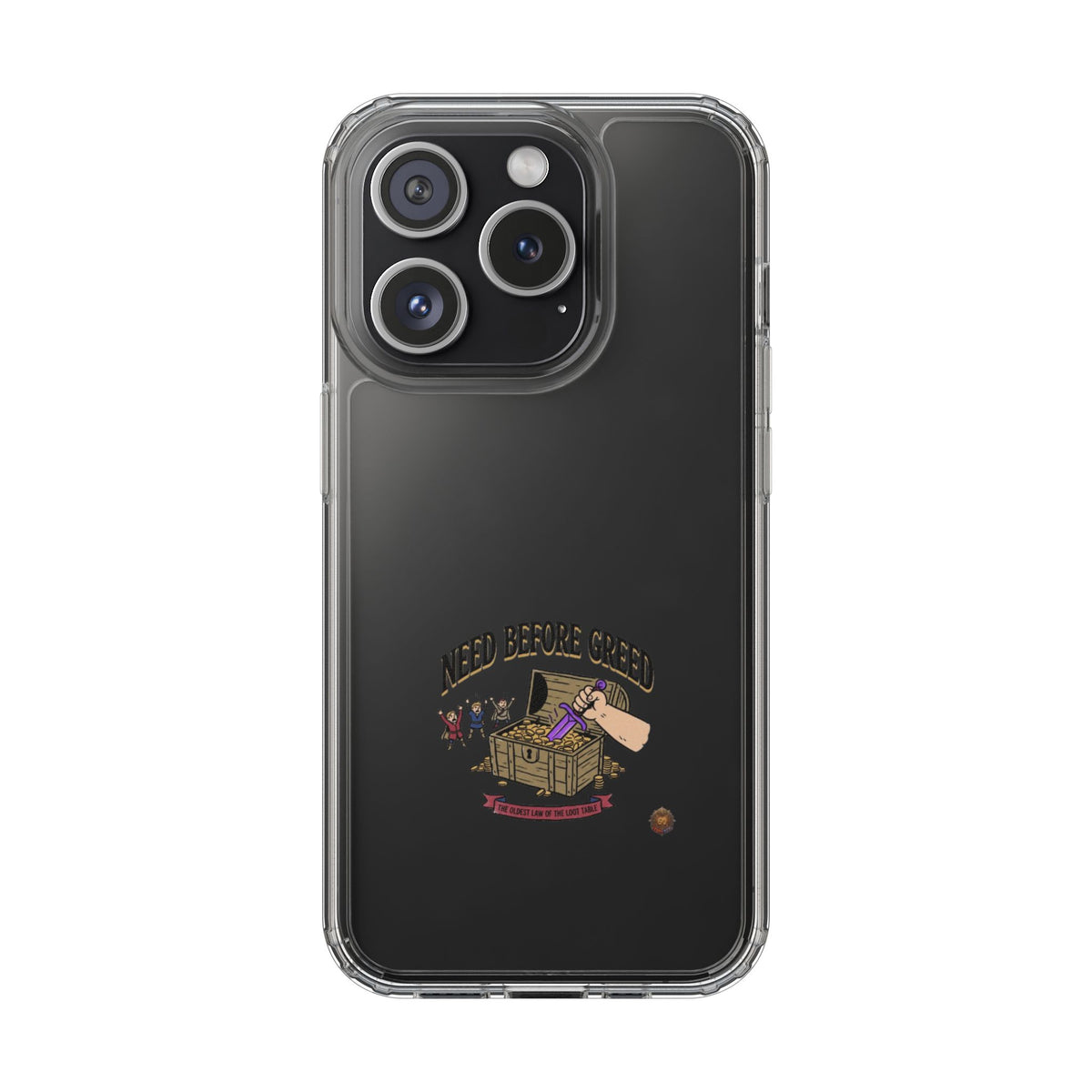 Clear Phone Case — "Need Before Greed" Treasure Chest Design