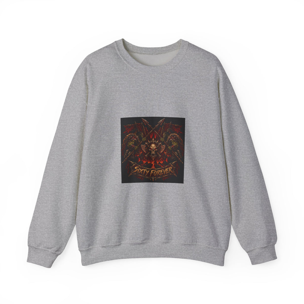 Crewneck Sweatshirt — Gothic Skull & Flames "Seven For Hell" Graphic