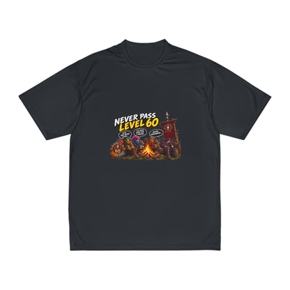 Never Pass Level 60 Gaming T-Shirt — Retro RPG Campfire Design