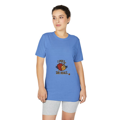 I Pull, She Heals Weightlifting T-Shirt — Couples Gym Workout Tee