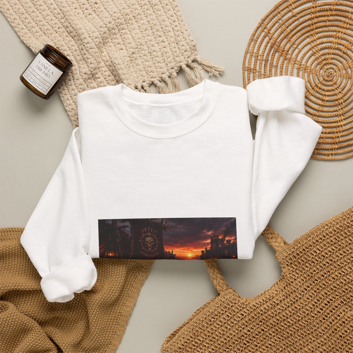 Apocalyptic Cityscape Crewneck Sweatshirt — Dystopian Sunset Graphic