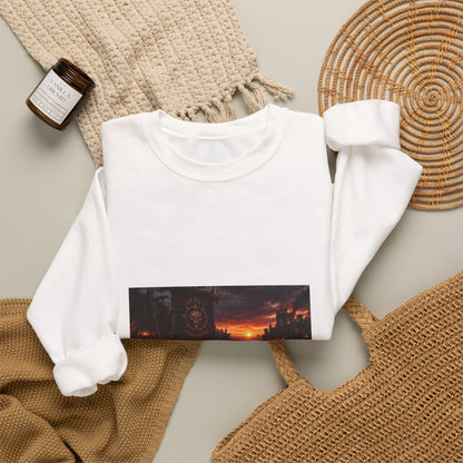 Apocalyptic Cityscape Crewneck Sweatshirt — Dystopian Sunset Graphic