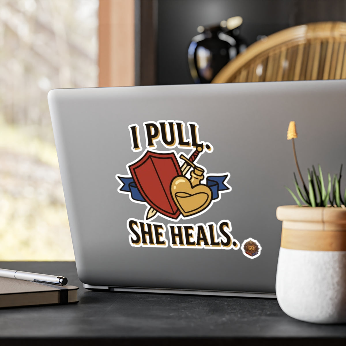 I Pull. She Heals. RPG Healer Sticker — Vinyl Kiss-Cut