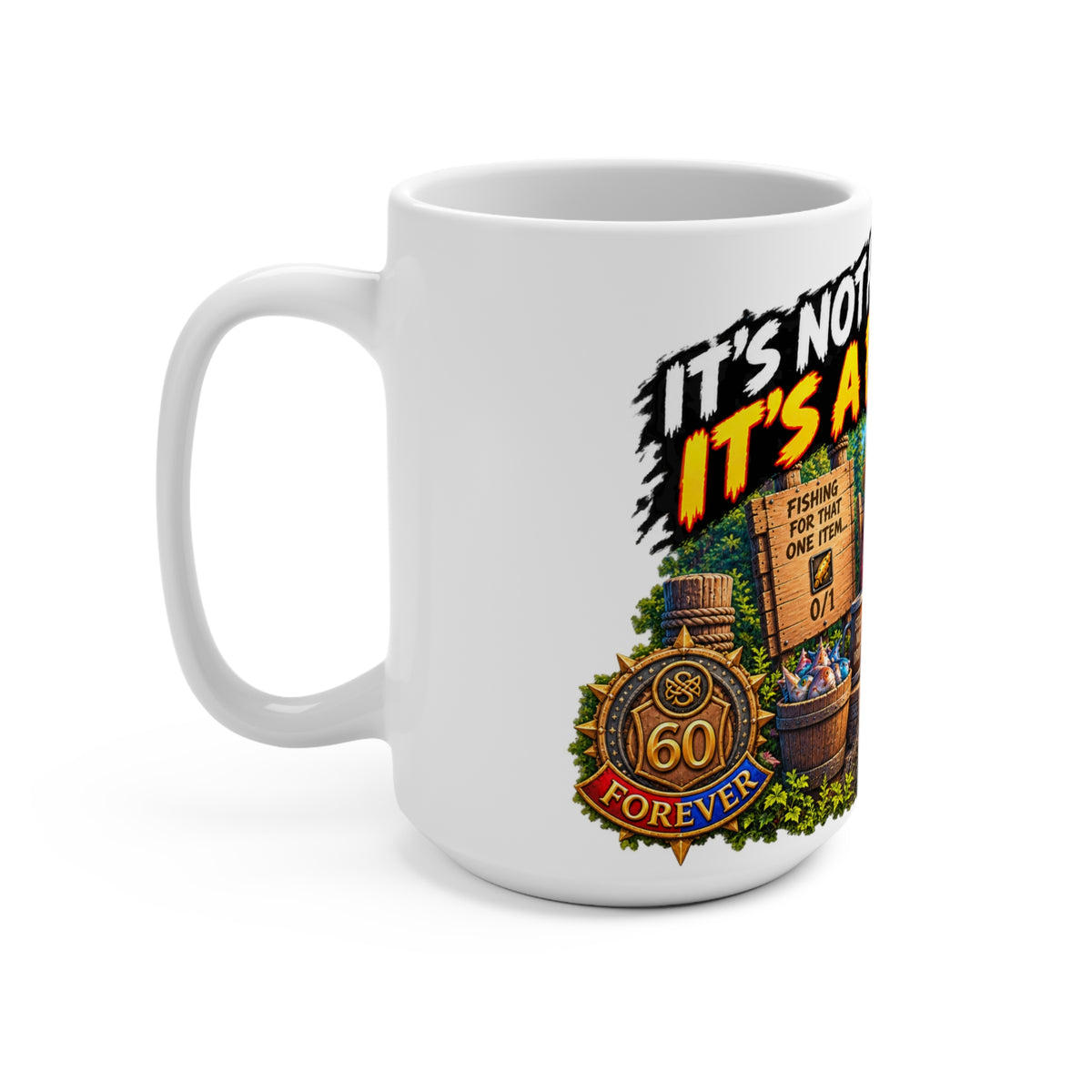 “It’s Not a Bug… It’s a Feature” Fishing Mug — Funny Gamer Skeleton Coffee Cup (15 oz)