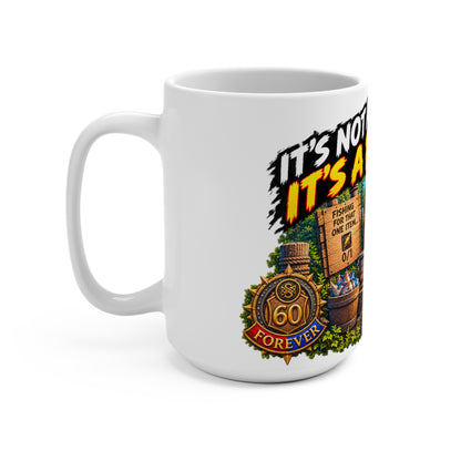 “It’s Not a Bug… It’s a Feature” Fishing Mug — Funny Gamer Skeleton Coffee Cup (15 oz)