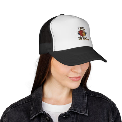 Trucker Hat — "I Pull, She Heals" Weightlifting Barbell Design