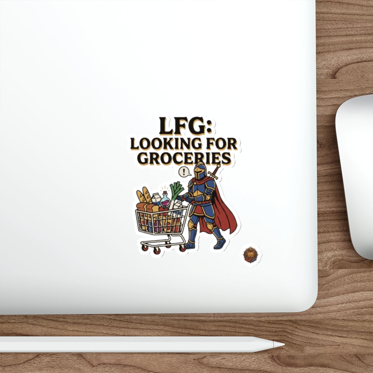 Die-Cut Sticker — "LFG: Looking For Groceries" Knight Pushing Shopping Cart