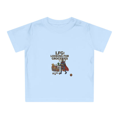 Baby T-Shirt — "LFG: Looking For Groceries" Cute Superhero Grocery Cart Tee