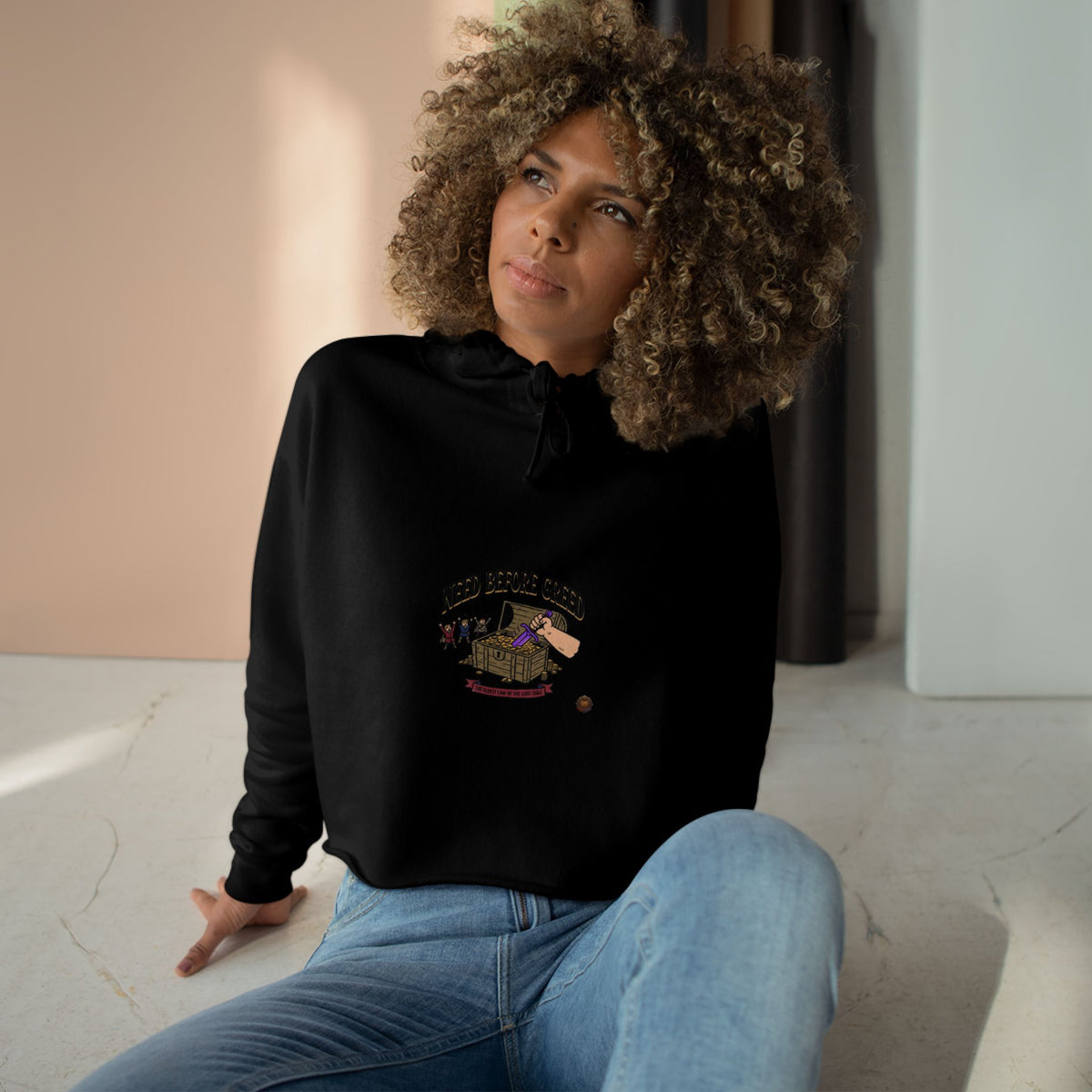 Crop Hoodie — "Need Before Greed" Cozy Graphic Crop Hoodie