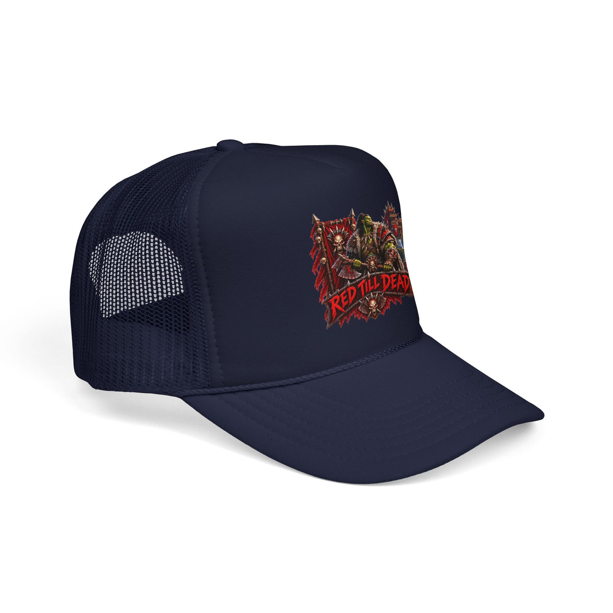 Red Till Dead Trucker Hat — Graphic Foam Mesh Cap for Bikers & Metal Fans