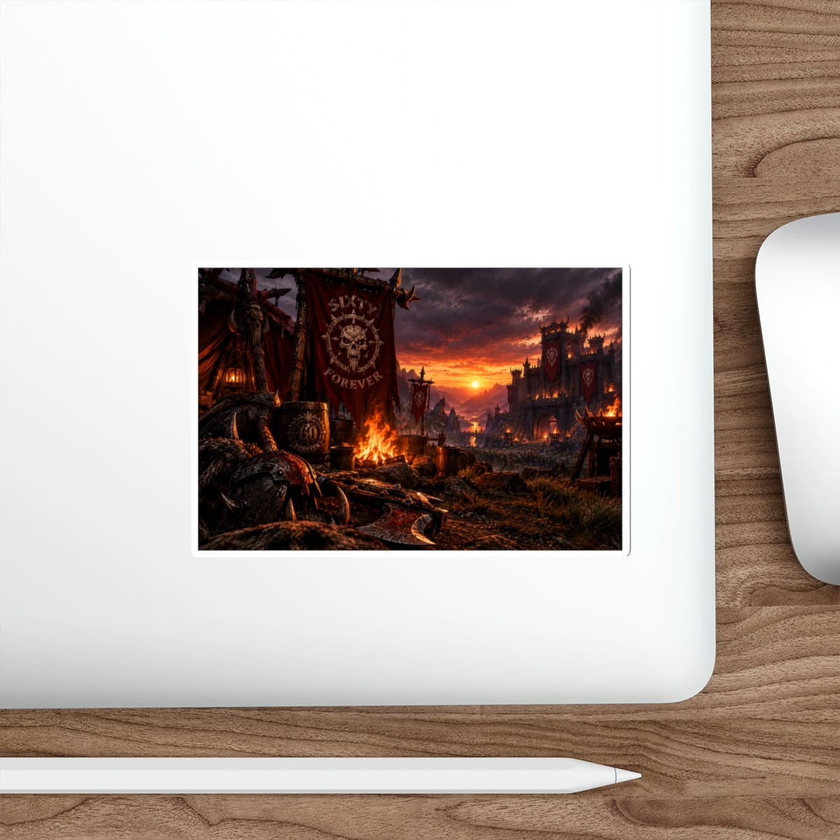 Medieval Battle Camp Die-Cut Sticker — Sunset Warcamp Scene