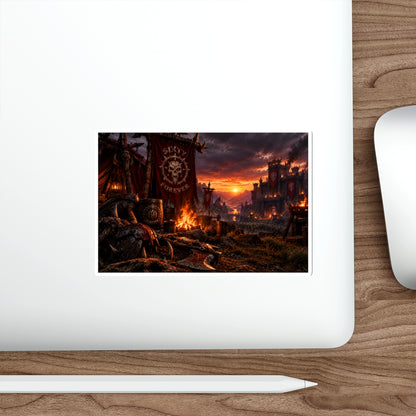 Medieval Battle Camp Die-Cut Sticker — Sunset Warcamp Scene