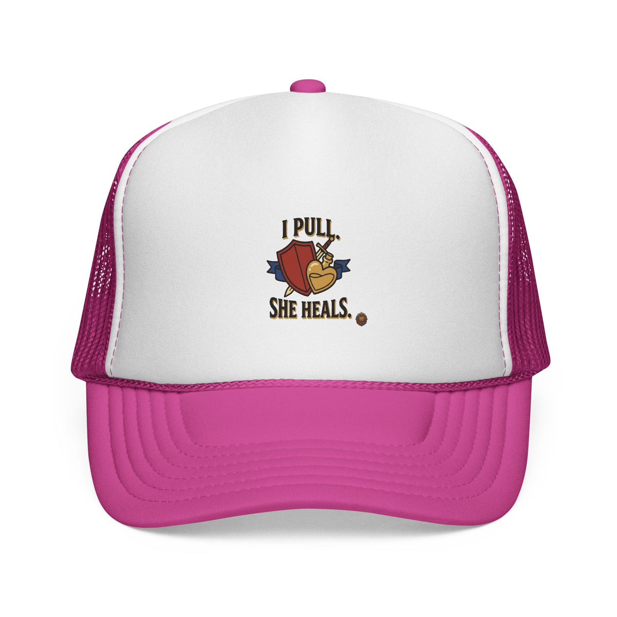 Trucker Hat — "I Pull, She Heals" Weightlifting Barbell Design
