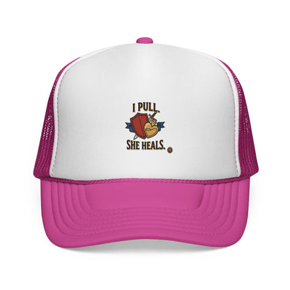 Trucker Hat — "I Pull, She Heals" Weightlifting Barbell Design