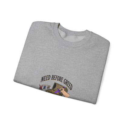 Crewneck Sweatshirt — "Need Before Greed" Chest Graphic (Sustainable Giving Vibe)