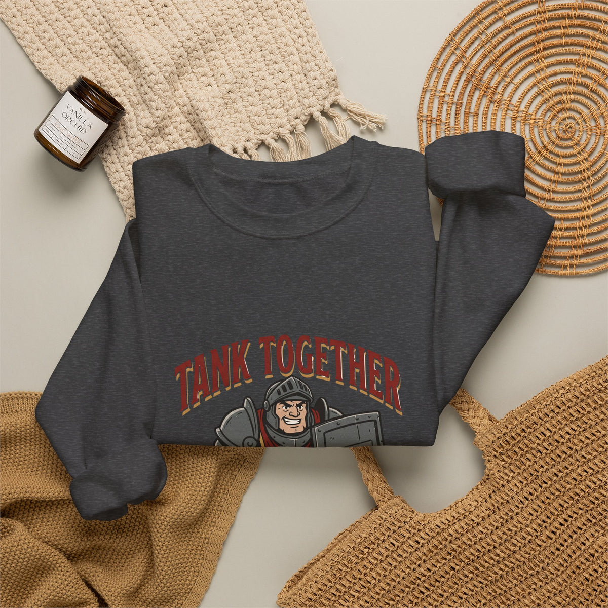 Tank Together Crewneck Sweatshirt — Funny RPG Tank Companion Graphic