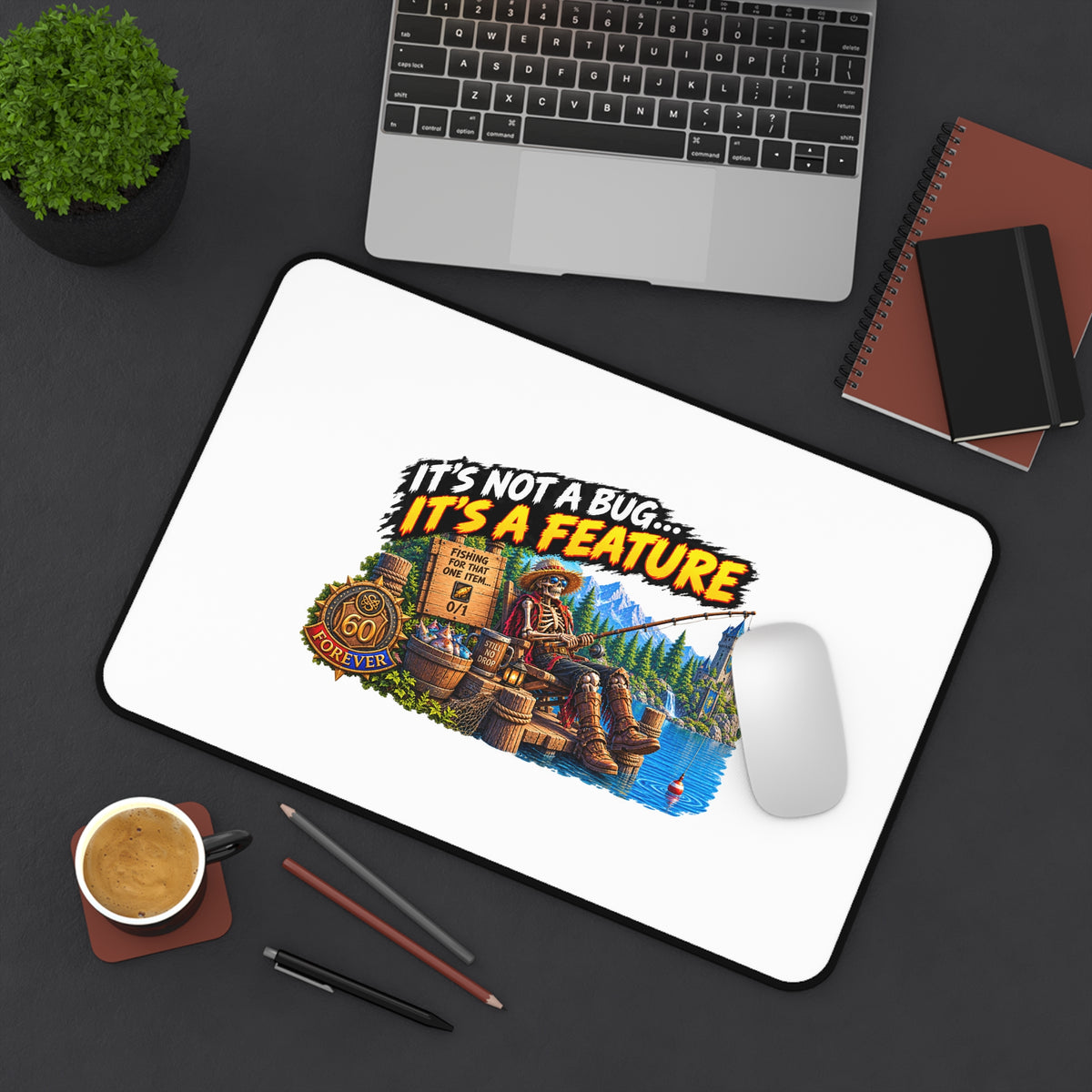 Desk Mat — “It’s Not a Bug… It’s a Feature” Fishing Cabin Gaming Desk Mat