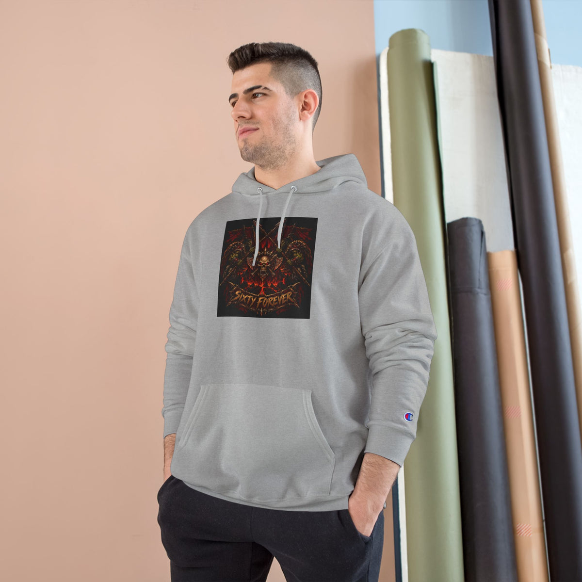 Champion Hoodie — Gothic Floral Skull Graphic Pullover