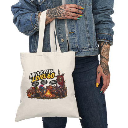Never Pass Level 60 Tote Bag – Gamer Campfire Design