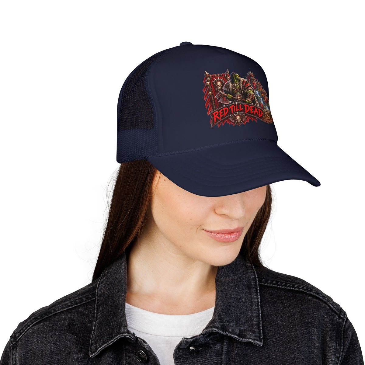 Red Till Dead Trucker Hat — Graphic Foam Mesh Cap for Bikers & Metal Fans