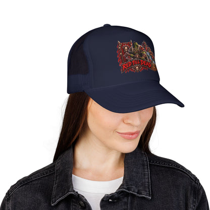 Red Till Dead Trucker Hat — Graphic Foam Mesh Cap for Bikers & Metal Fans